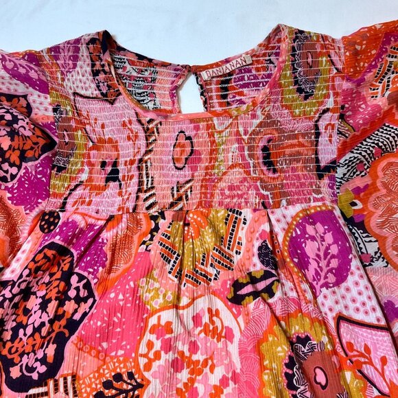 Banjanan Printed Mini Dress Flutter Sleeve Tassel Trim Floral Pink Red Large Boh - Picture 12 of 16